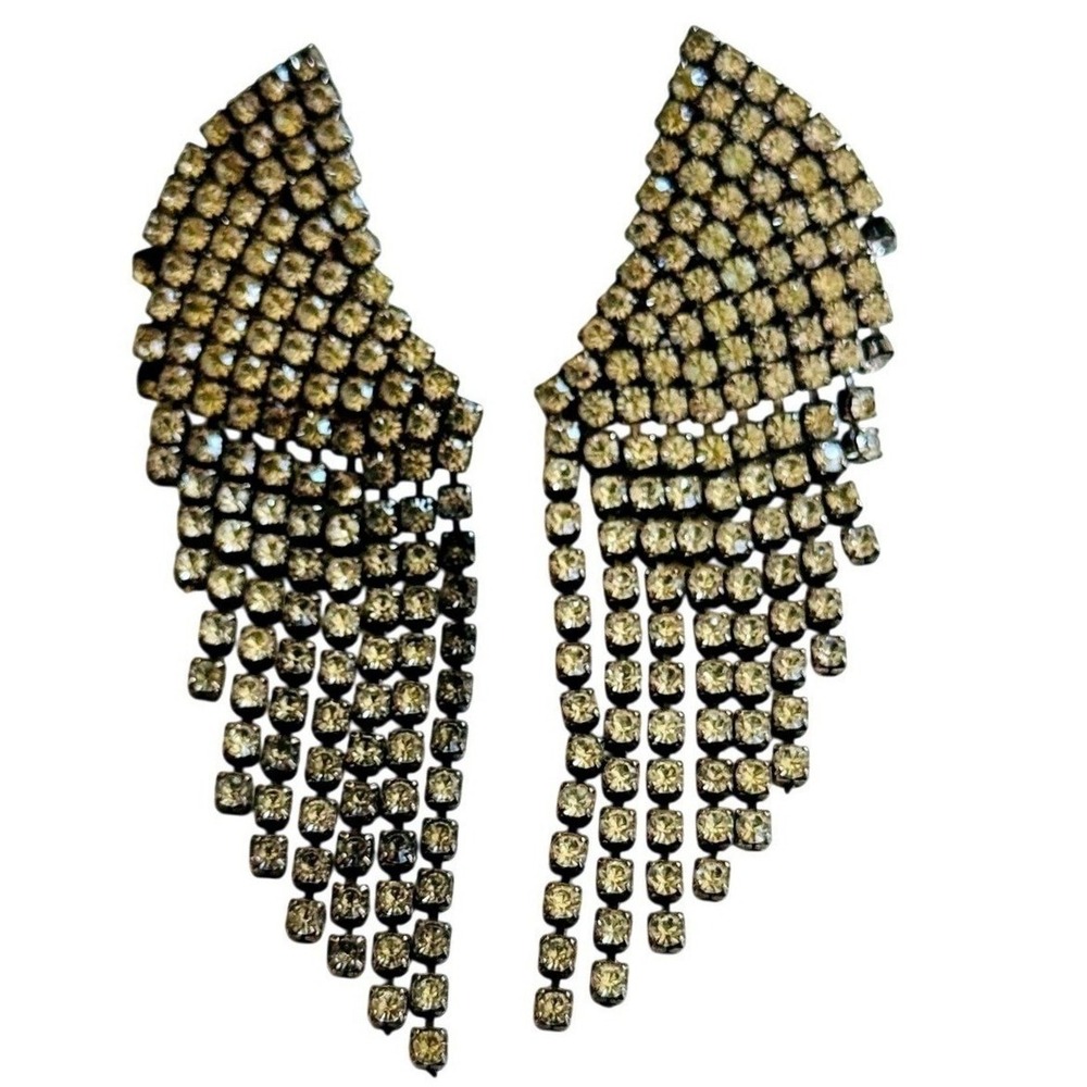 Sparkly Wing waterfall crystal dangle‎ Earrings VTG silver tone pierced 70s Glam